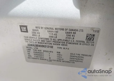 2013 Chevrolet Equinox Ls z USA, uszkodzony, nr VIN 2GNALBEK6D6212102